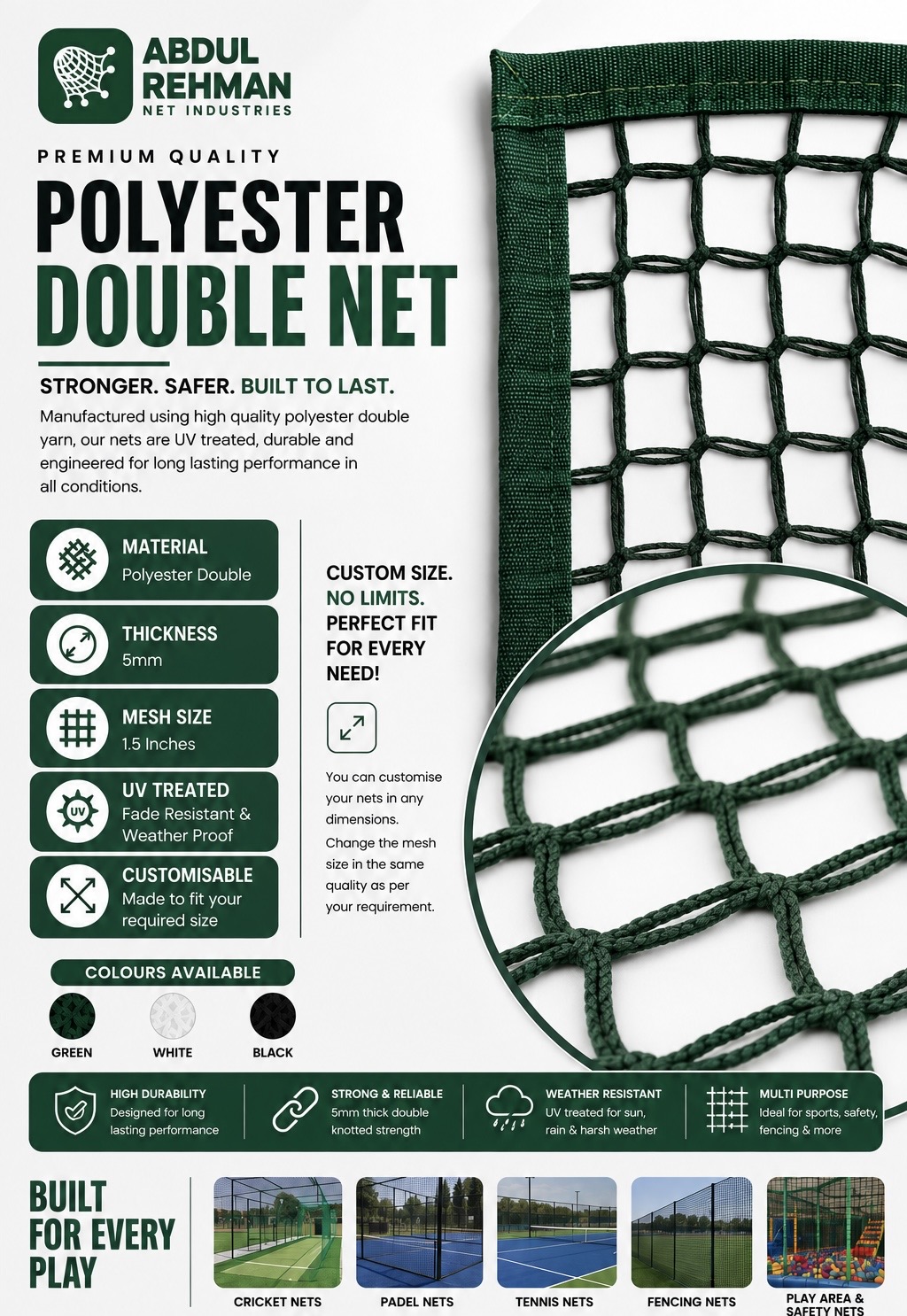 Premium Polyester Double 5mm Sports Net – UV Treated & Custom Made