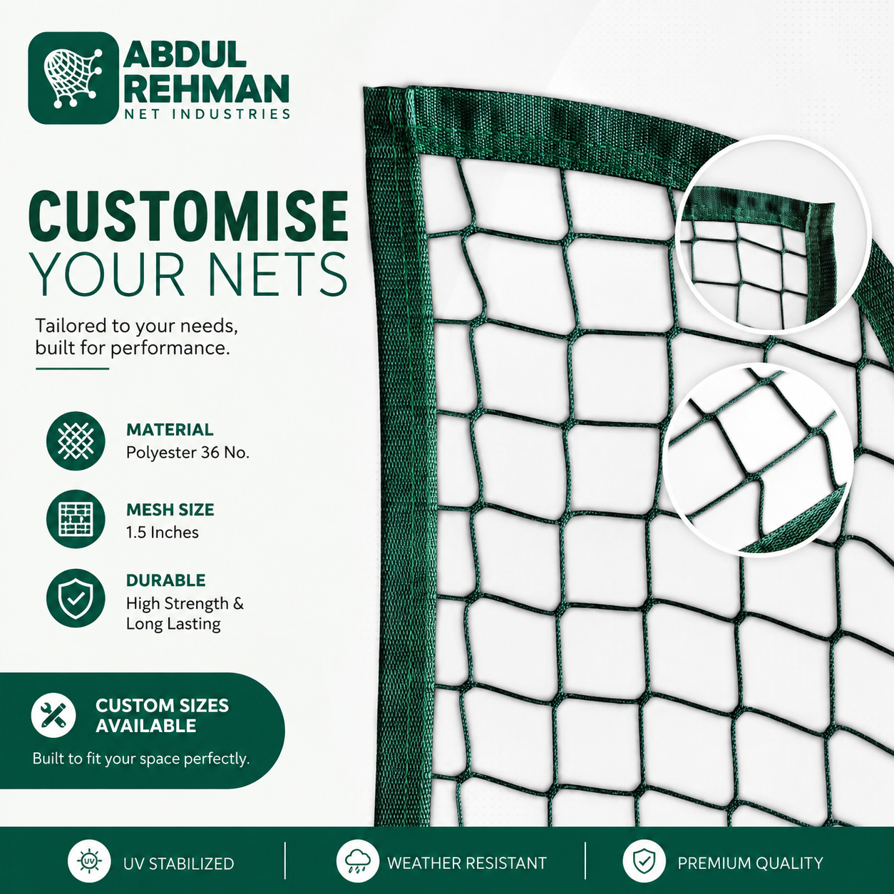 Polyester 36 No. UV Treated Sports Nets – Premium Quality by ABR Sports Nets
