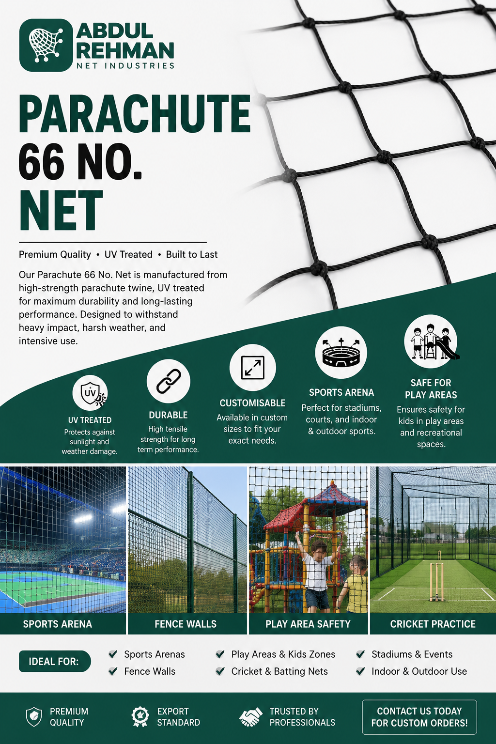 Parachute 66 No. Sports Netting  UV Treated, Durable & Fully Customisable
