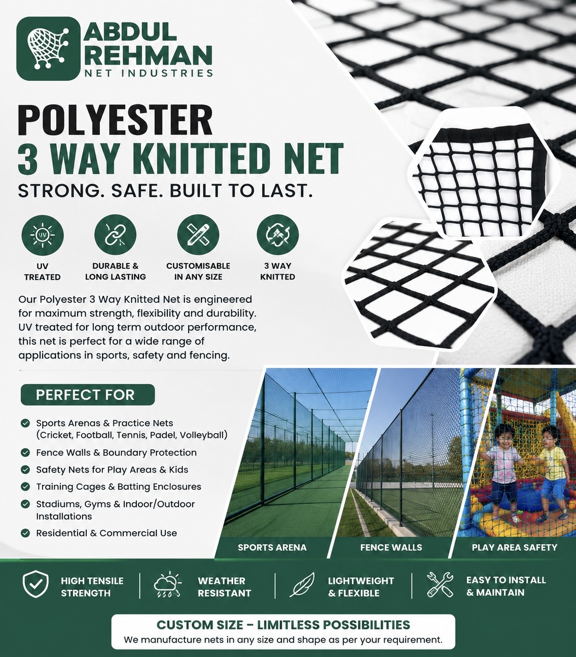 Premium Polyester 3-Way Knitted Sports Net UV Treated & Customisable